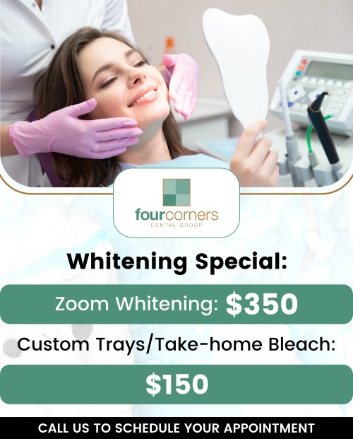 Common questions asked by patients: What is Zoom Teeth Whitening? How long does a Zoom Teeth Whitening session take? How long will the results of Zoom Teeth Whitening last? Can Zoom Teeth Whitening be done if I have sensitive teeth? How Zoom Teeth Whitening Can Enhance Your Smile at Four Corners Dental Group. For more information, contact us or book an appointment online. We are conveniently located at 3901 Raspberry Rd, Anchorage, AK 99502.
